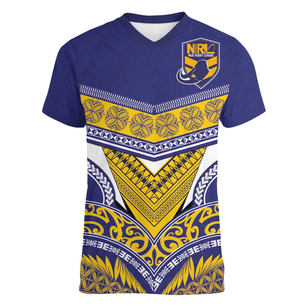 Custom Rugby Niue Women V-Neck T-Shirt Hiapo Tribal Heritage Tattoos Blue Color - Polynesian Pride