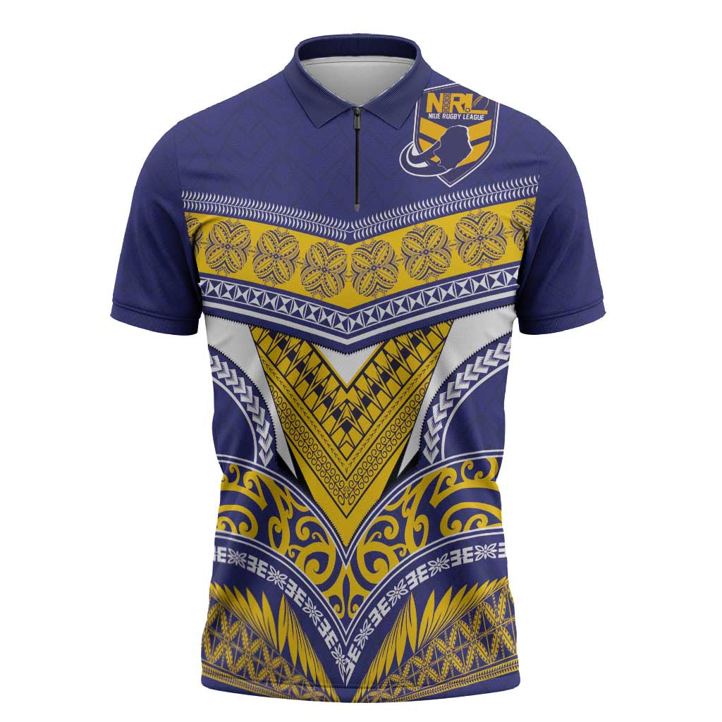 Custom Rugby Niue Zipper Polo Shirt Hiapo Tribal Heritage Tattoos Blue Color - Polynesian Pride
