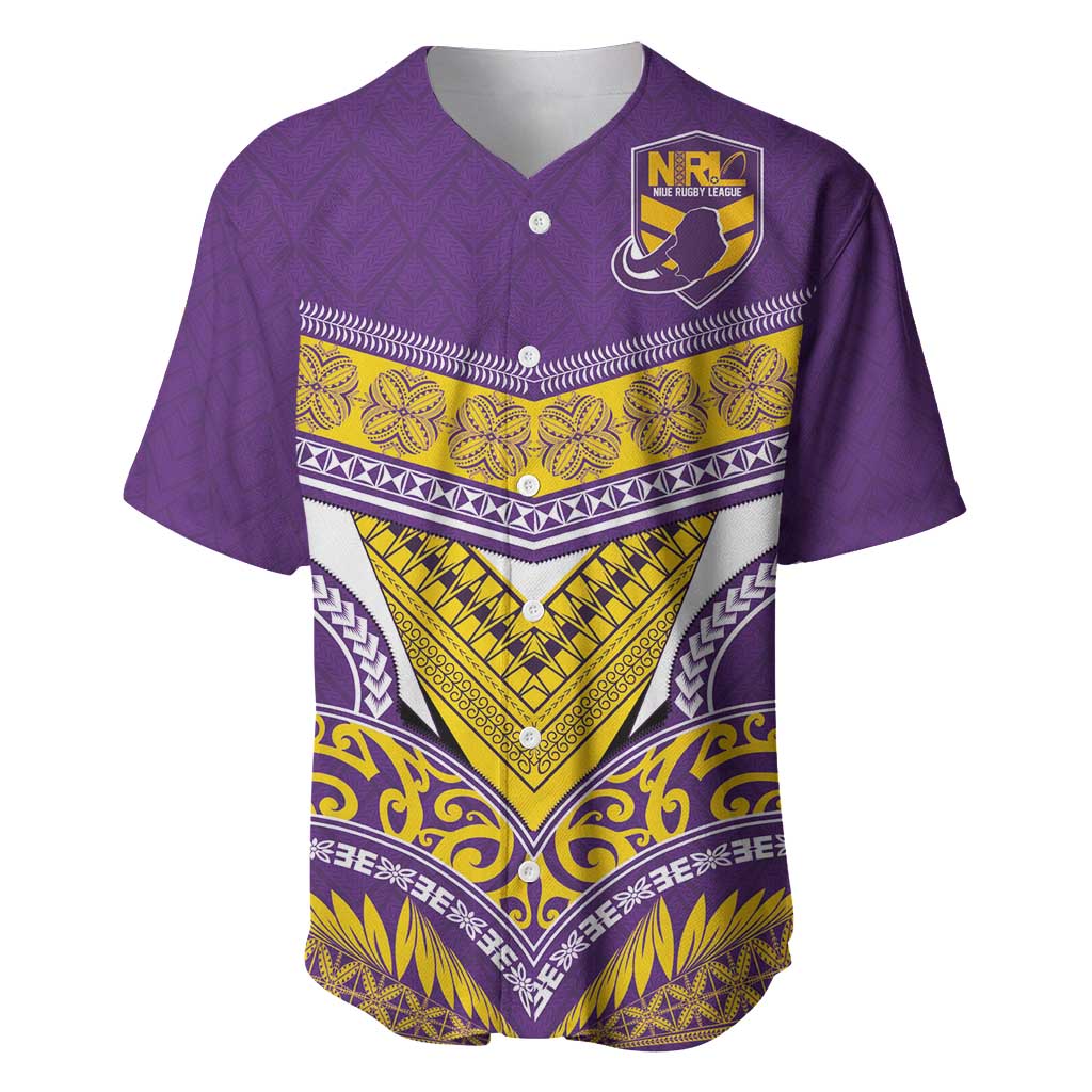 Custom Rugby Niue Baseball Jersey Hiapo Tribal Heritage Tattoos Purple Color - Polynesian Pride
