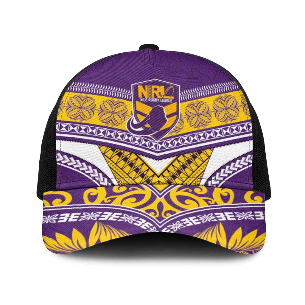 Niue Rugby Baseball Net Cap Hiapo Tribal Heritage Tattoos Purple Color - Polynesian Pride