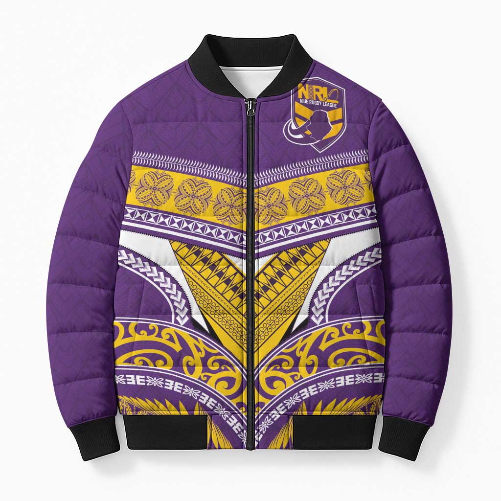 Custom Rugby Niue Bomber Puffer Jacket Hiapo Tribal Heritage Tattoos Purple Color - Polynesian Pride