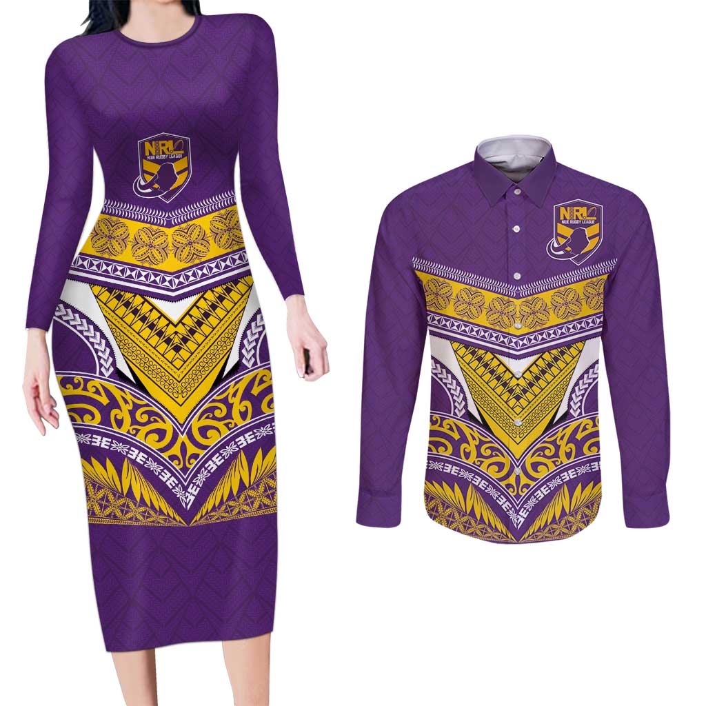 Custom Rugby Niue Couples Matching Long Sleeve Bodycon Dress and Long Sleeve Button Shirt Hiapo Tribal Heritage Tattoos Purple Color - Polynesian Pride