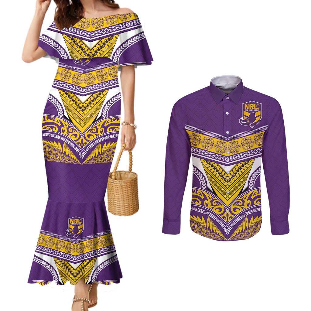 Custom Rugby Niue Couples Matching Mermaid Dress and Long Sleeve Button Shirt Hiapo Tribal Heritage Tattoos Purple Color - Polynesian Pride