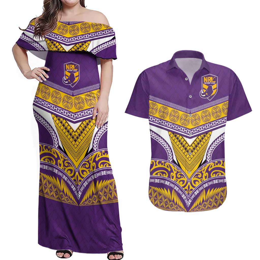 Custom Rugby Niue Couples Matching Off Shoulder Maxi Dress and Hawaiian Shirt Hiapo Tribal Heritage Tattoos Purple Color - Polynesian Pride