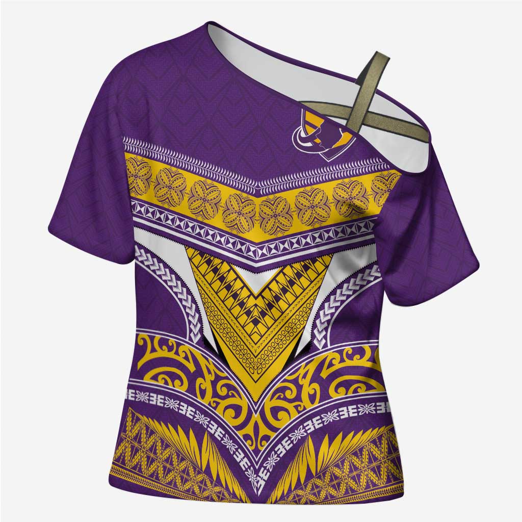 Custom Rugby Niue Cross Shoulder Shirt Hiapo Tribal Heritage Tattoos Purple Color - Polynesian Pride
