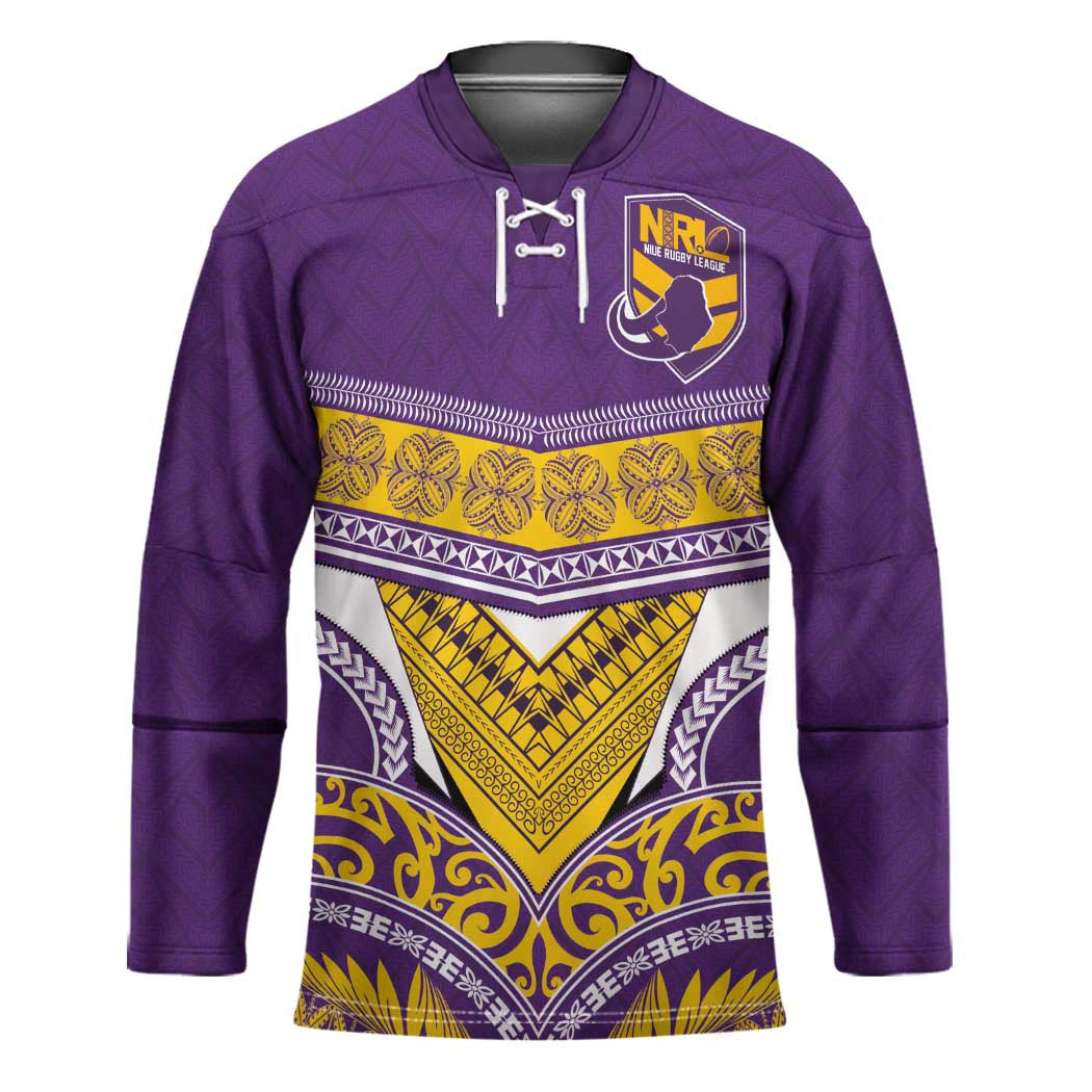 Custom Rugby Niue Hockey Jersey Hiapo Tribal Heritage Tattoos Purple Color - Polynesian Pride