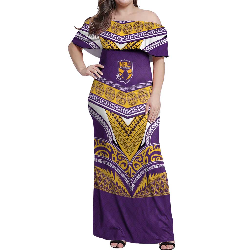 Custom Rugby Niue Off Shoulder Maxi Dress Hiapo Tribal Heritage Tattoos Purple Color - Polynesian Pride