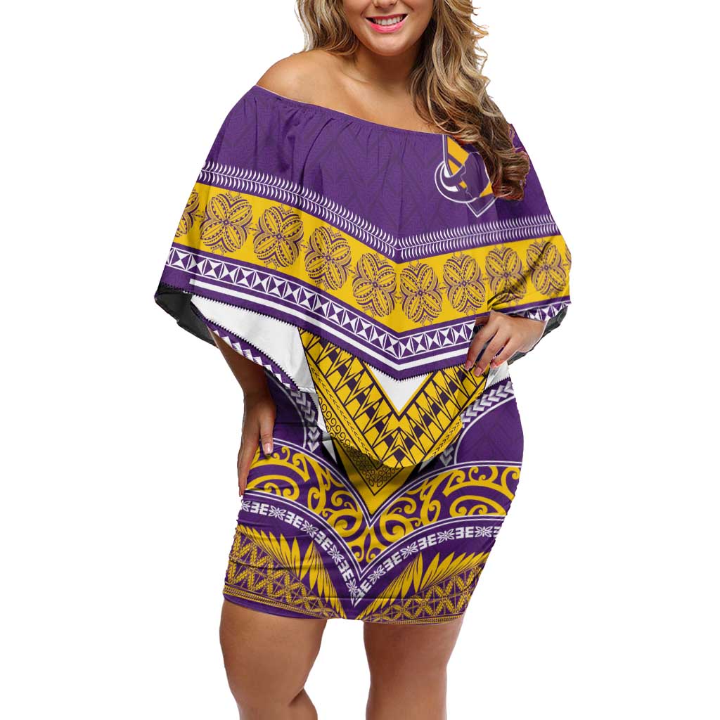 Custom Rugby Niue Off Shoulder Short Dress Hiapo Tribal Heritage Tattoos Purple Color - Polynesian Pride