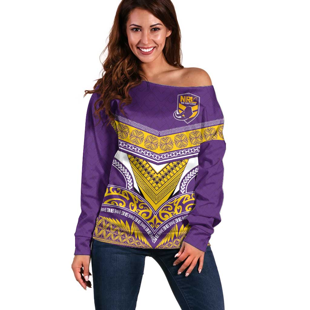 Custom Rugby Niue Off Shoulder Sweater Hiapo Tribal Heritage Tattoos Purple Color - Polynesian Pride