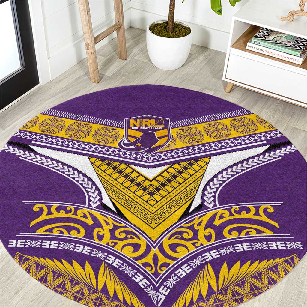 Rugby Niue Round Carpet Hiapo Tribal Heritage Tattoos Purple Color - Polynesian Pride