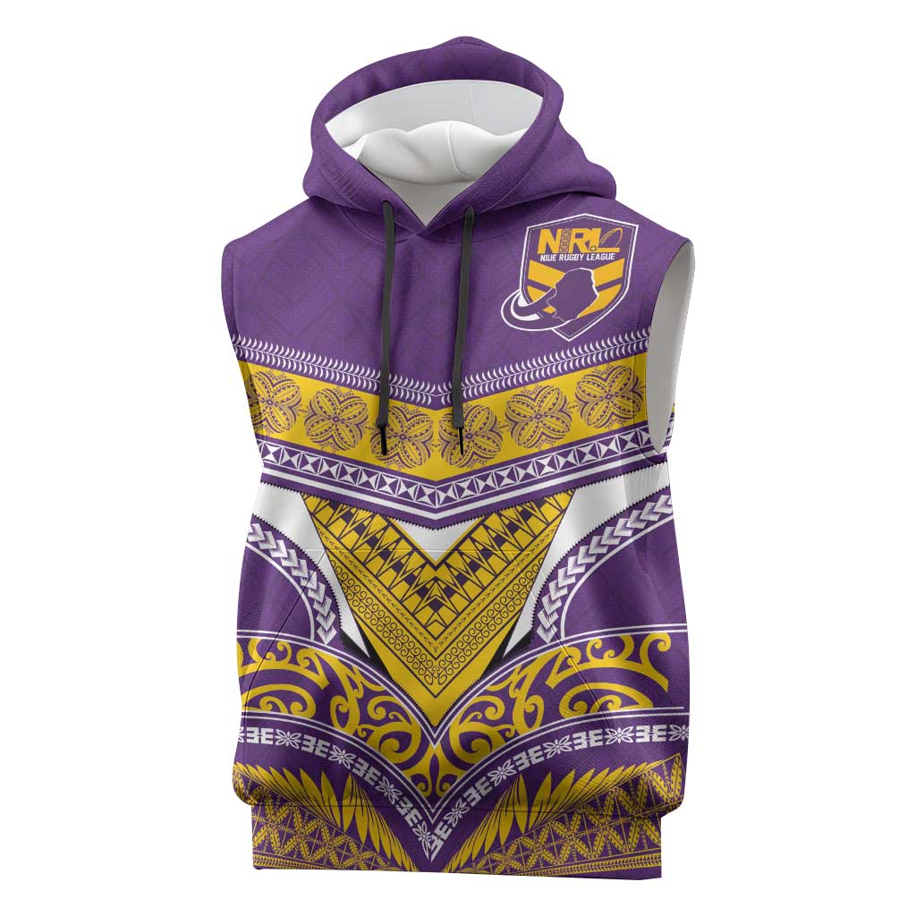 Custom Rugby Niue Sleeveless Hoodie Hiapo Tribal Heritage Tattoos Purple Color - Polynesian Pride