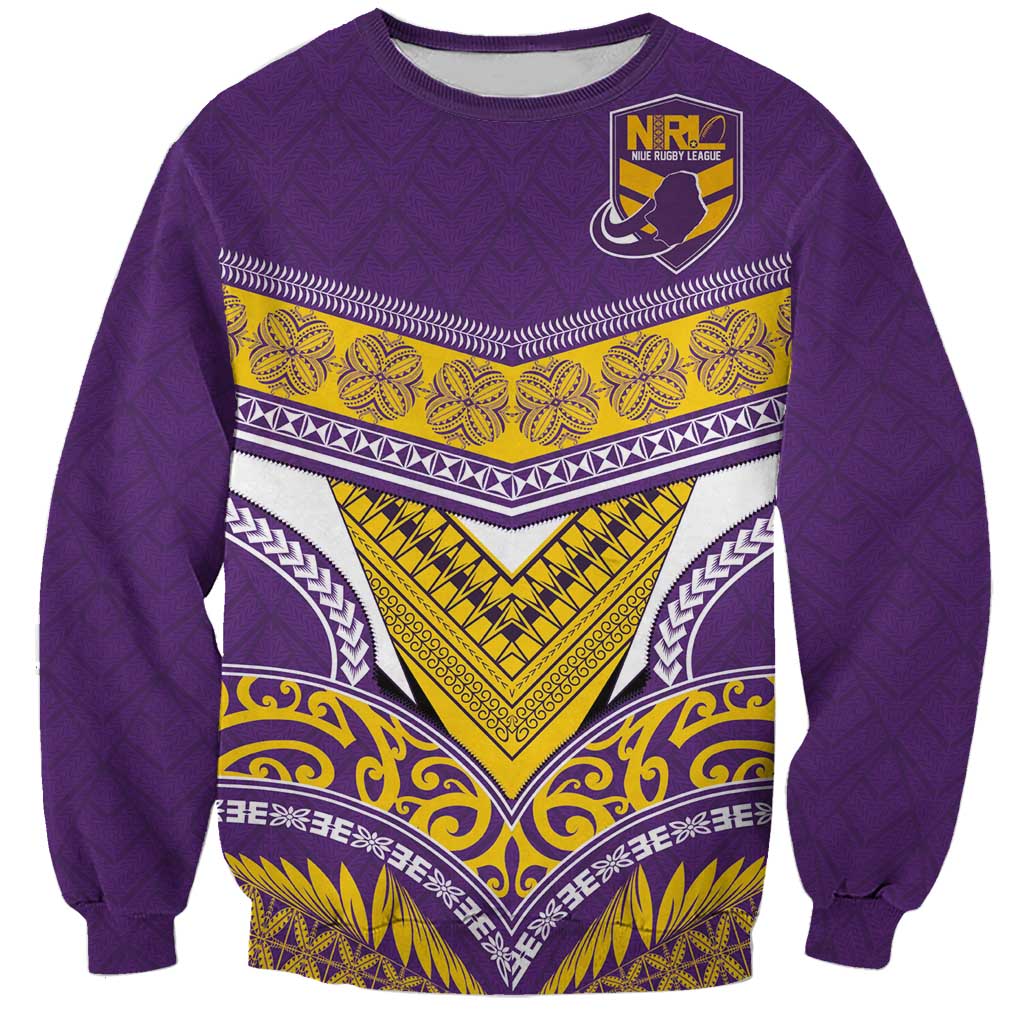 Custom Rugby Niue Sweatshirt Hiapo Tribal Heritage Tattoos Purple Color - Polynesian Pride
