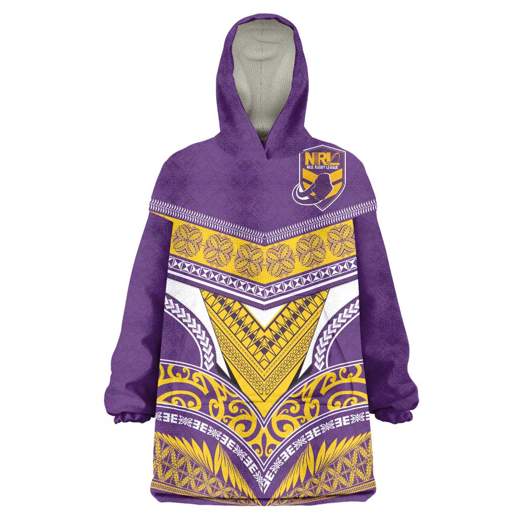 Custom Rugby Niue Wearable Blanket Hoodie Hiapo Tribal Heritage Tattoos Purple Color - Polynesian Pride