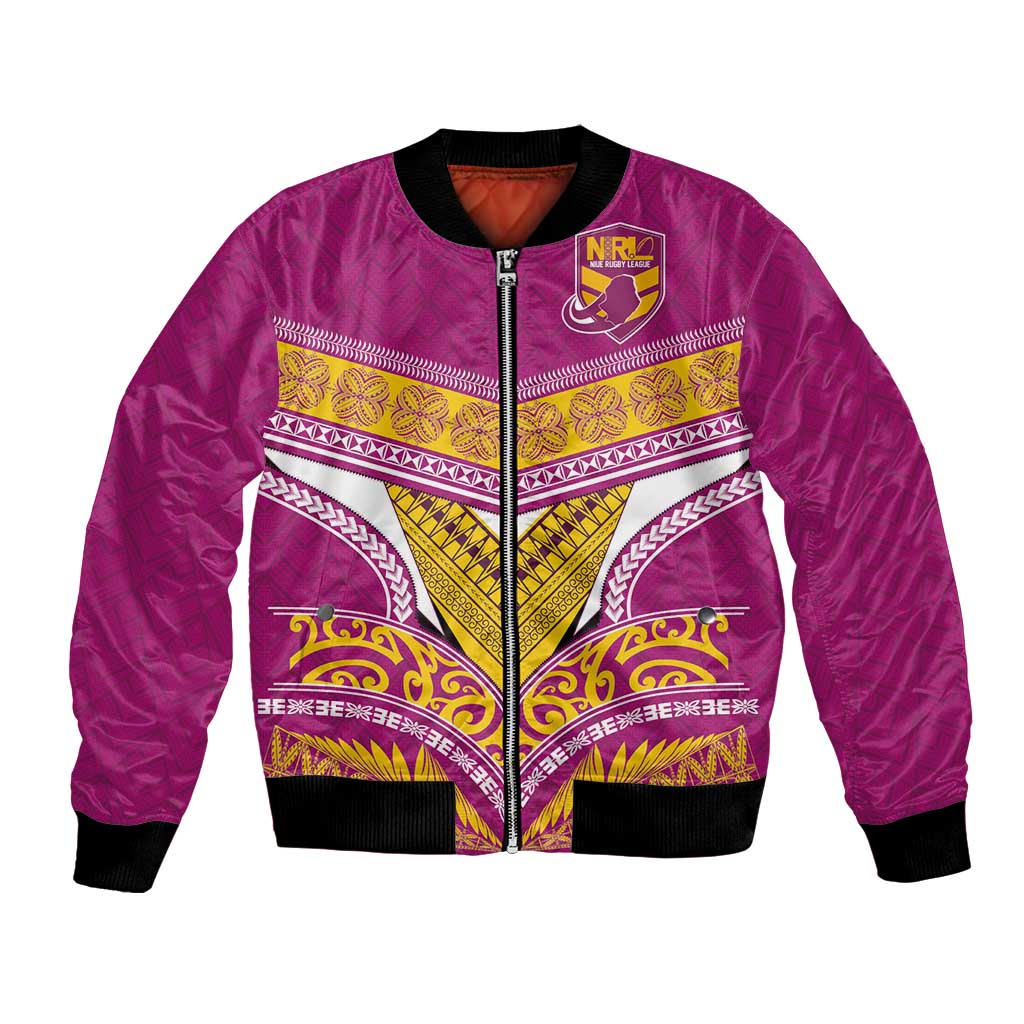 Custom Rugby Niue Bomber Jacket Hiapo Tribal Heritage Tattoos Pink Color - Polynesian Pride