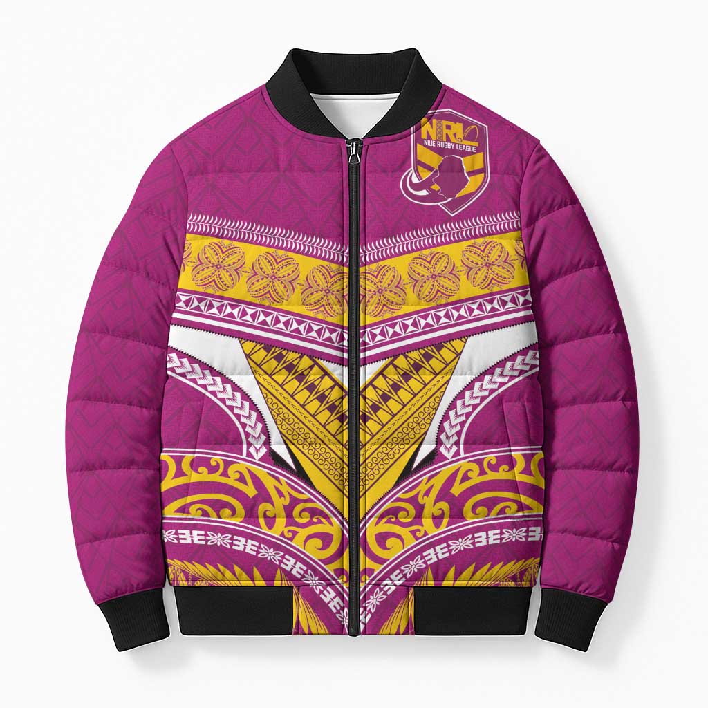 Custom Rugby Niue Bomber Puffer Jacket Hiapo Tribal Heritage Tattoos Pink Color - Polynesian Pride
