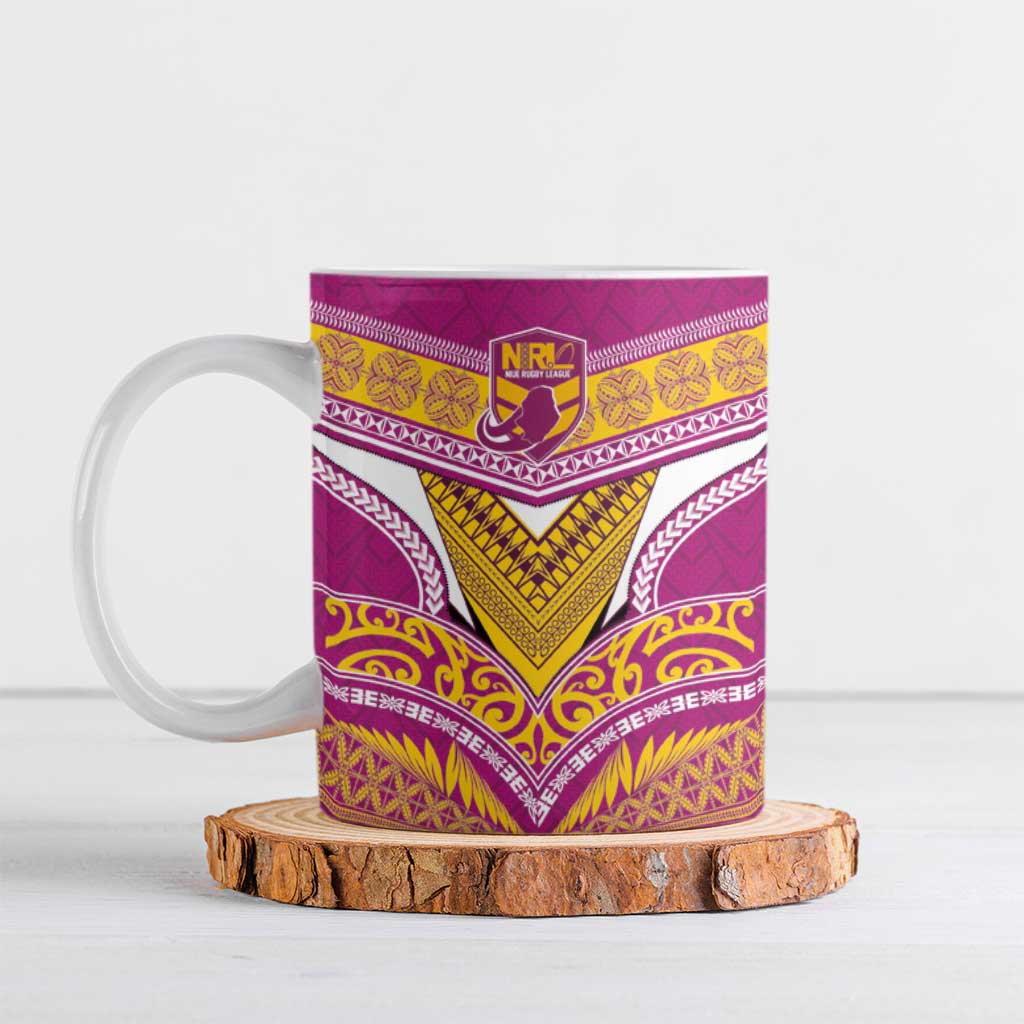 Custom Rugby Niue Ceramic Mug Hiapo Tribal Heritage Tattoos Pink Color - Polynesian Pride