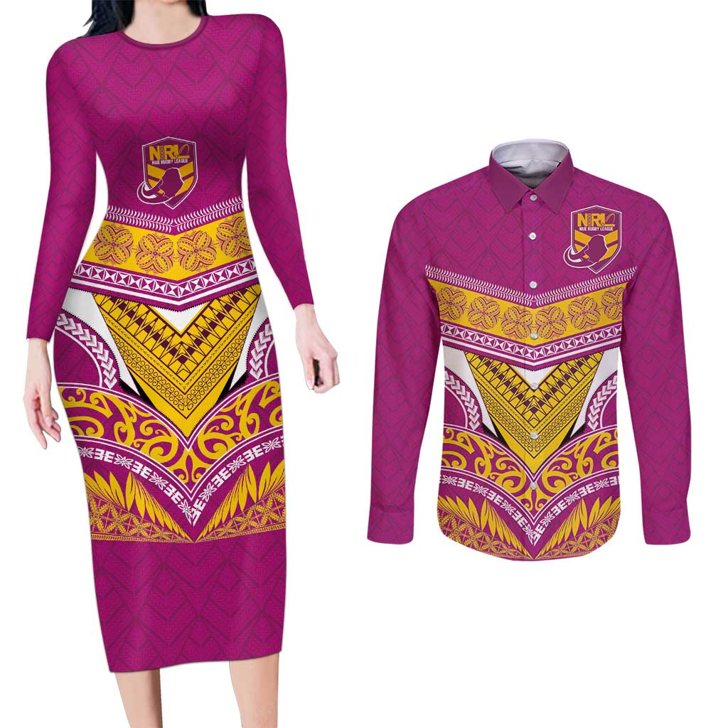 Custom Rugby Niue Couples Matching Long Sleeve Bodycon Dress and Long Sleeve Button Shirt Hiapo Tribal Heritage Tattoos Pink Color - Polynesian Pride