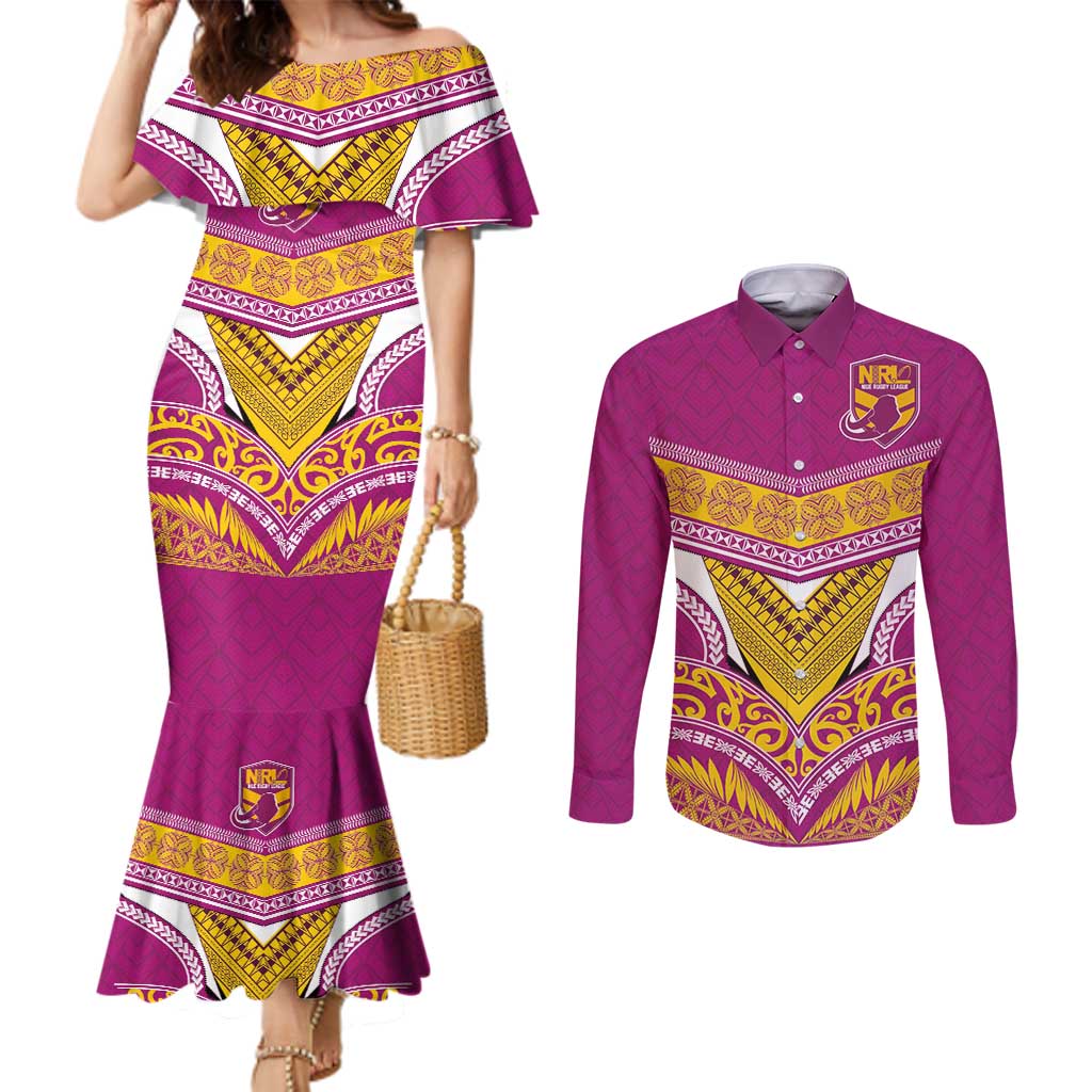 Custom Rugby Niue Couples Matching Mermaid Dress and Long Sleeve Button Shirt Hiapo Tribal Heritage Tattoos Pink Color - Polynesian Pride