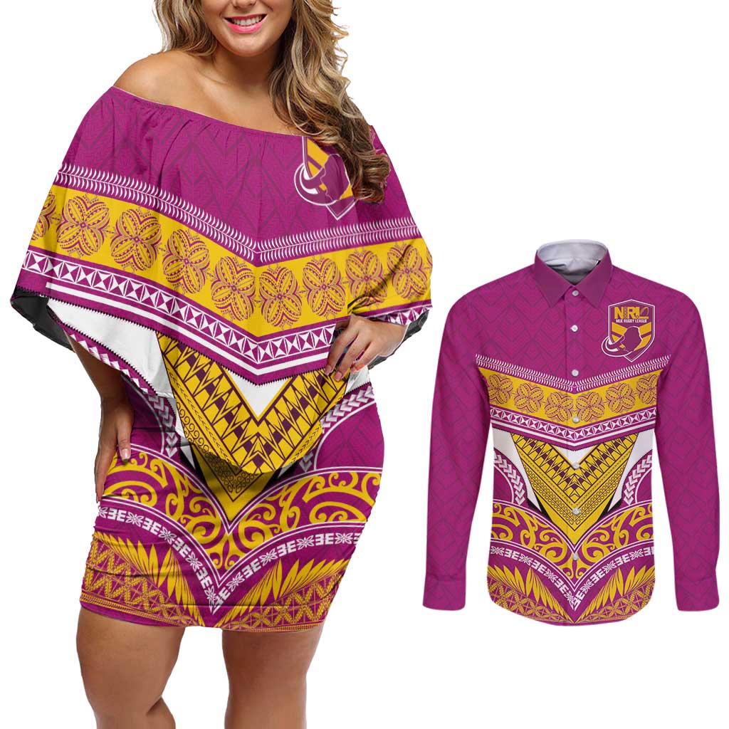 Custom Rugby Niue Couples Matching Off Shoulder Short Dress and Long Sleeve Button Shirt Hiapo Tribal Heritage Tattoos Pink Color - Polynesian Pride