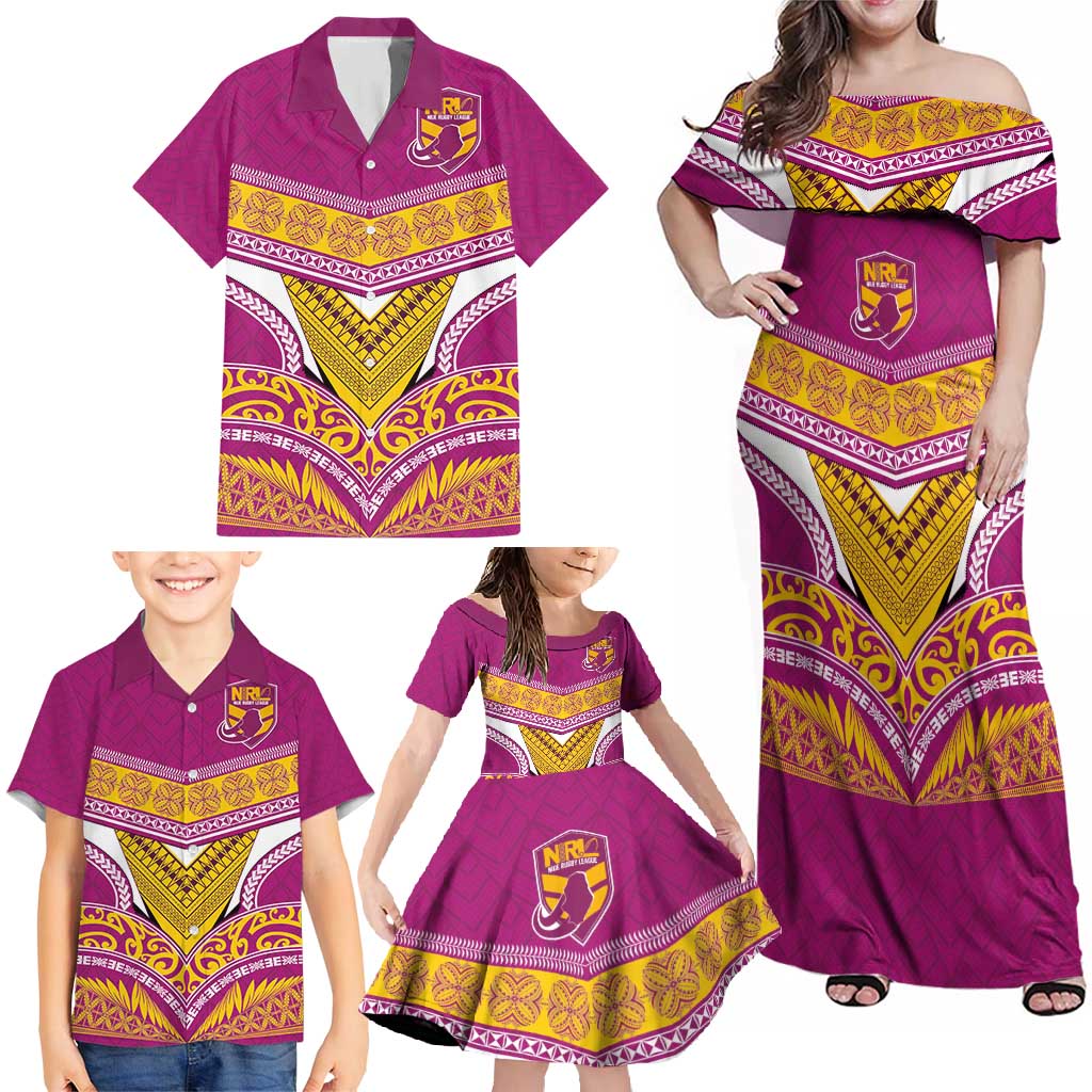 Custom Rugby Niue Family Matching Off Shoulder Maxi Dress and Hawaiian Shirt Hiapo Tribal Heritage Tattoos Pink Color - Polynesian Pride