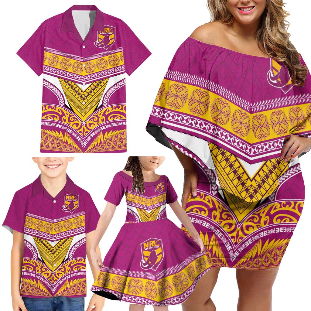 Custom Rugby Niue Family Matching Off Shoulder Short Dress and Hawaiian Shirt Hiapo Tribal Heritage Tattoos Pink Color - Polynesian Pride