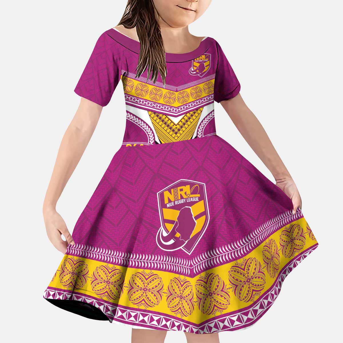 Custom Rugby Niue Kid Short Sleeve Dress Hiapo Tribal Heritage Tattoos Pink Color - Polynesian Pride