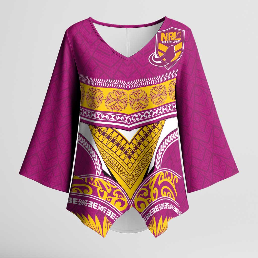 Custom Rugby Niue Kimono Sleeve Blouse Hiapo Tribal Heritage Tattoos Pink Color - Polynesian Pride