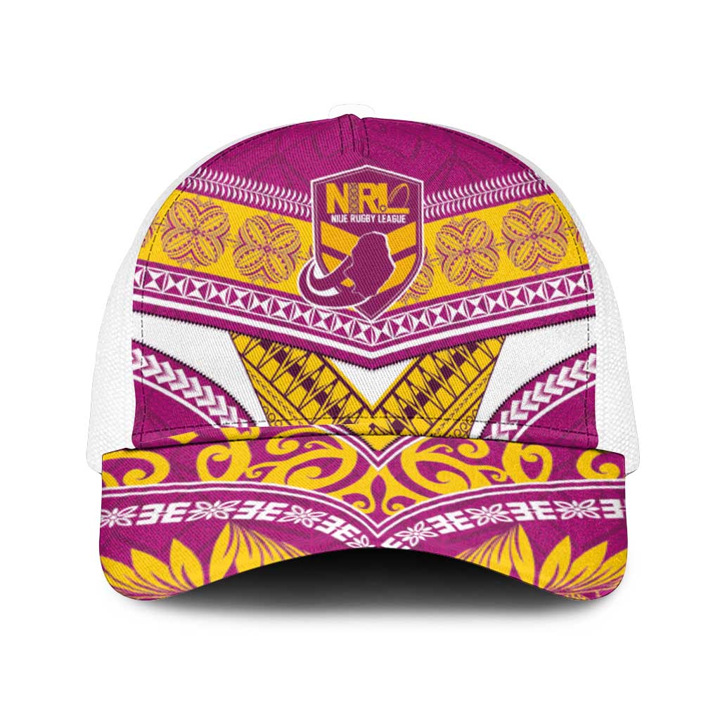 Niue Rugby Mesh Trucker Cap Hiapo Tribal Heritage Tattoos Pink Color - Polynesian Pride