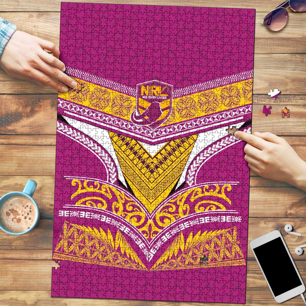 Rugby Niue Puzzle Hiapo Tribal Heritage Tattoos Pink Color - Polynesian Pride