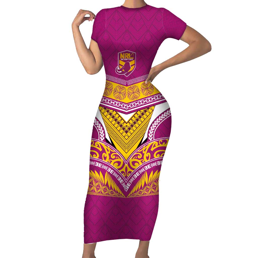 Custom Rugby Niue Short Sleeve Bodycon Dress Hiapo Tribal Heritage Tattoos Pink Color - Polynesian Pride