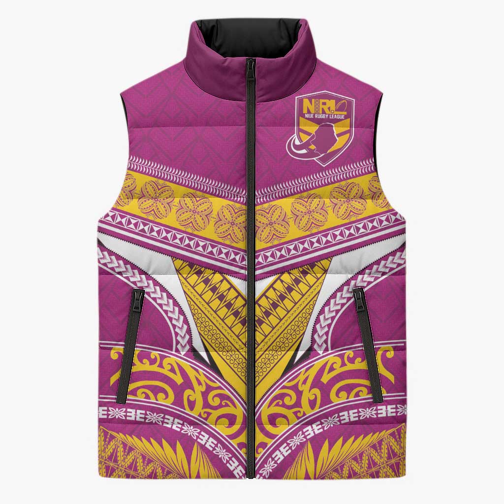 Custom Rugby Niue Sleeveless Puffer Jacket Hiapo Tribal Heritage Tattoos Pink Color - Polynesian Pride