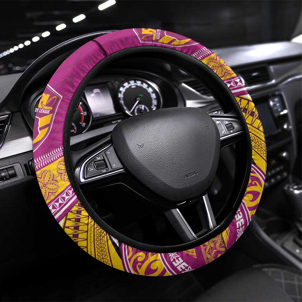 Rugby Niue Steering Wheel Cover Hiapo Tribal Heritage Tattoos Pink Color - Polynesian Pride