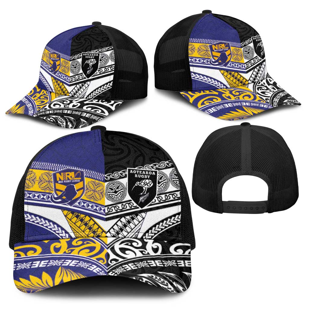 Niue and Aotearoa Rugby Baseball Net Cap Hiapo with Maori Moko Tribal Heritage Tattoos - Polynesian Pride