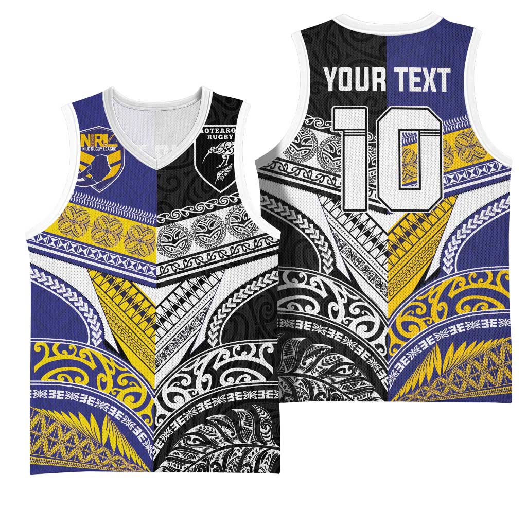 Custom Rugby Niue and Aotearoa Basketball Jersey Hiapo with Maori Moko Tribal Heritage Tattoos - Polynesian Pride