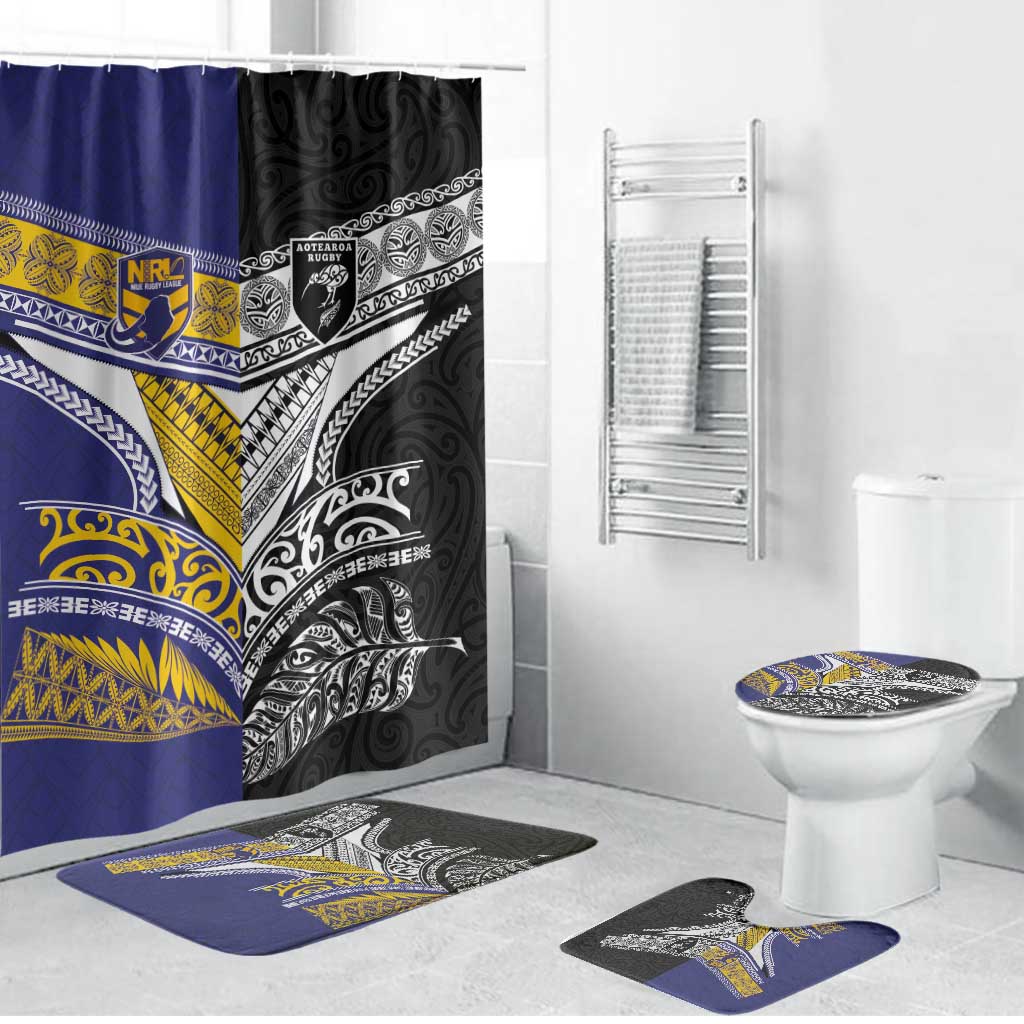 Rugby Niue and Aotearoa Bathroom Set Hiapo with Maori Moko Tribal Heritage Tattoos - Polynesian Pride