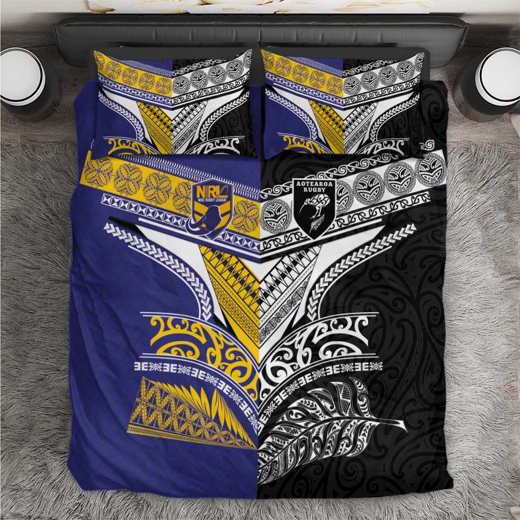 Rugby Niue and Aotearoa Bedding Set Hiapo with Maori Moko Tribal Heritage Tattoos - Polynesian Pride