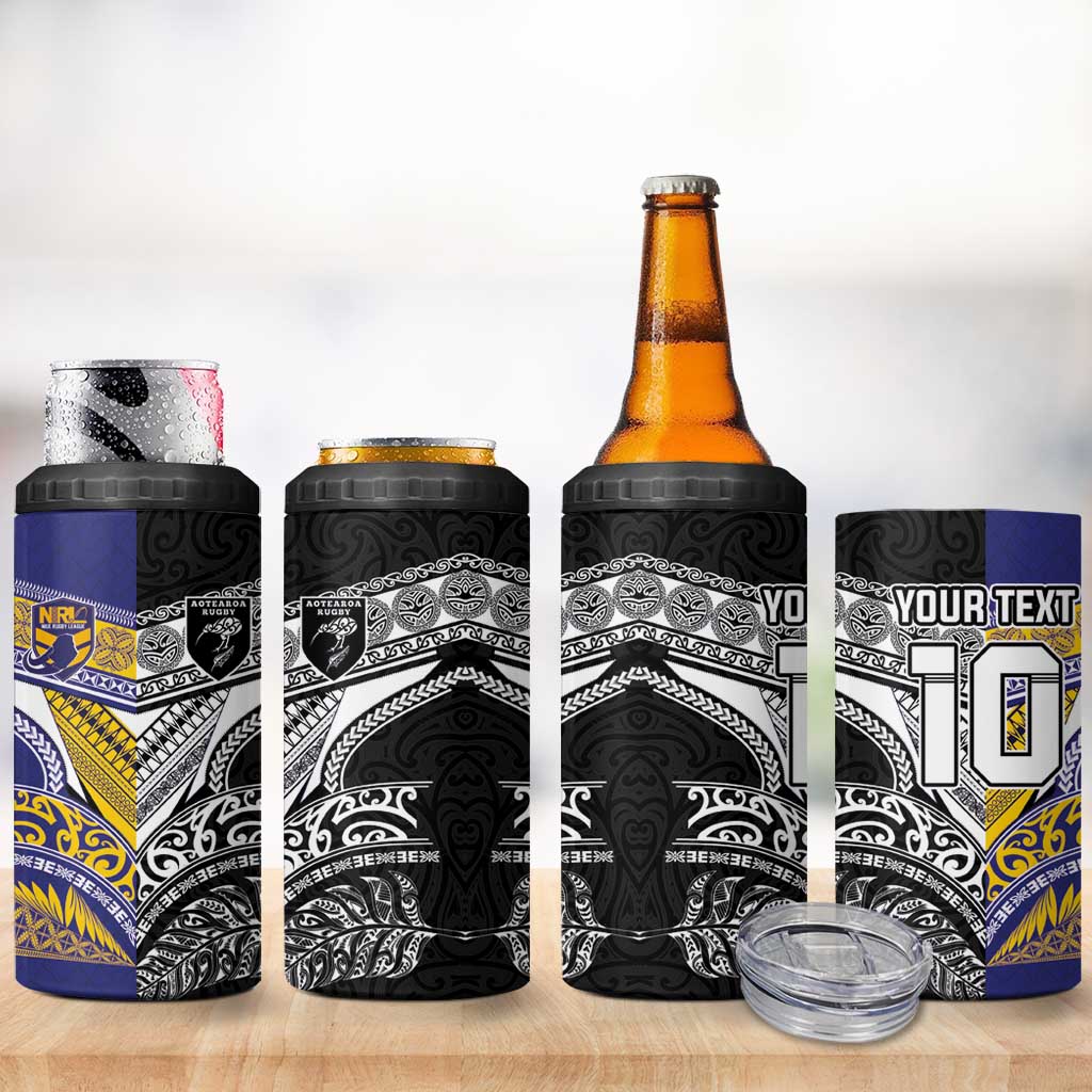 Custom Rugby Niue and Aotearoa 4 in 1 Can Cooler Tumbler Hiapo with Maori Moko Tribal Heritage Tattoos - Polynesian Pride