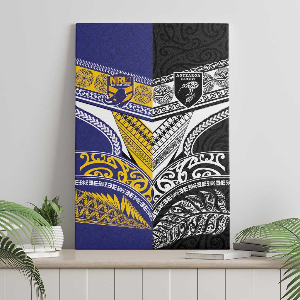 Rugby Niue and Aotearoa Canvas Wall Art Hiapo with Maori Moko Tribal Heritage Tattoos - Polynesian Pride