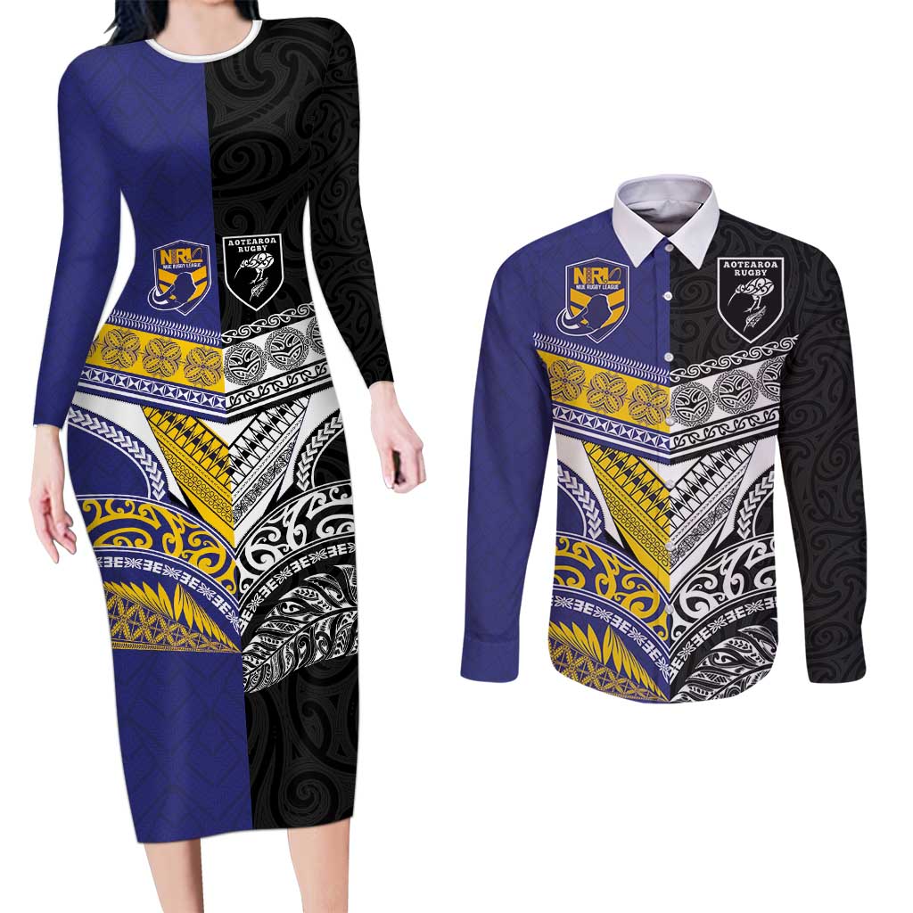 Custom Rugby Niue and Aotearoa Couples Matching Long Sleeve Bodycon Dress and Long Sleeve Button Shirt Hiapo with Maori Moko Tribal Heritage Tattoos - Polynesian Pride