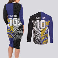 Custom Rugby Niue and Aotearoa Couples Matching Long Sleeve Bodycon Dress and Long Sleeve Button Shirt Hiapo with Maori Moko Tribal Heritage Tattoos - Polynesian Pride