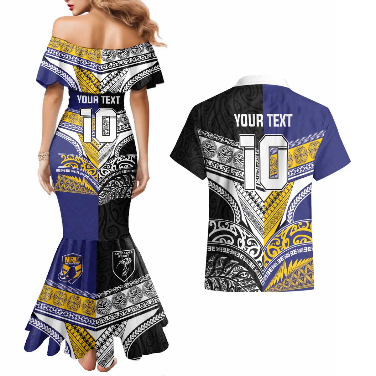 Custom Rugby Niue and Aotearoa Couples Matching Mermaid Dress and Hawaiian Shirt Hiapo with Maori Moko Tribal Heritage Tattoos - Polynesian Pride