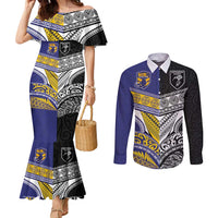 Custom Rugby Niue and Aotearoa Couples Matching Mermaid Dress and Long Sleeve Button Shirt Hiapo with Maori Moko Tribal Heritage Tattoos - Polynesian Pride