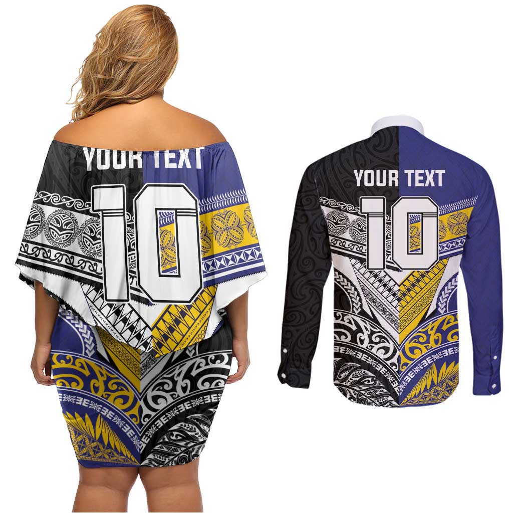 Custom Rugby Niue and Aotearoa Couples Matching Off Shoulder Short Dress and Long Sleeve Button Shirt Hiapo with Maori Moko Tribal Heritage Tattoos - Polynesian Pride