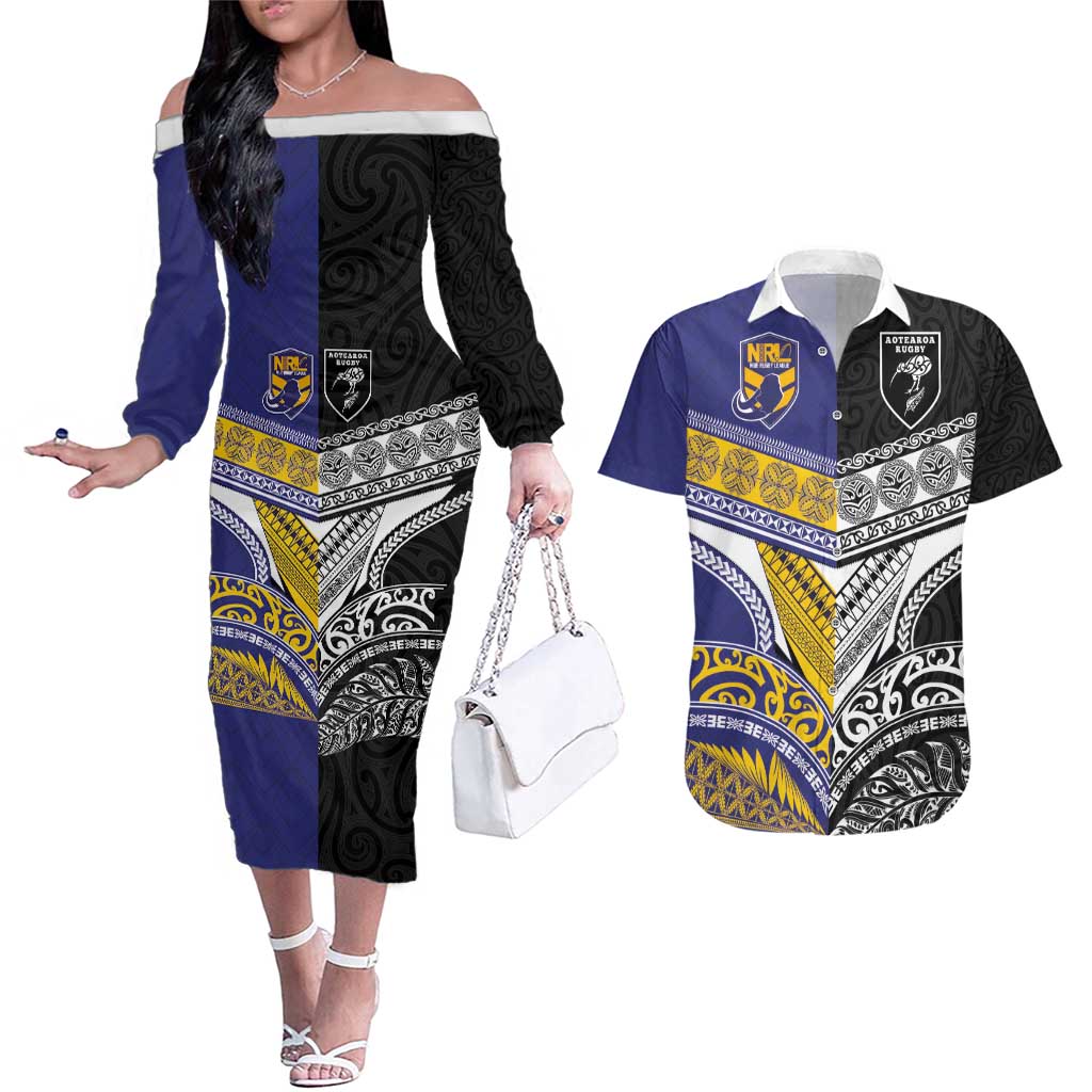 Custom Rugby Niue and Aotearoa Couples Matching Off The Shoulder Long Sleeve Dress and Hawaiian Shirt Hiapo with Maori Moko Tribal Heritage Tattoos - Polynesian Pride