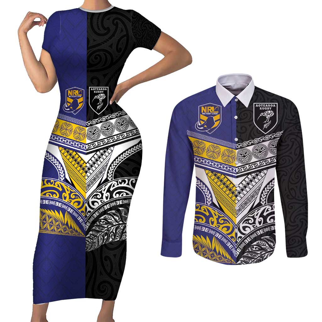 Custom Rugby Niue and Aotearoa Couples Matching Short Sleeve Bodycon Dress and Long Sleeve Button Shirt Hiapo with Maori Moko Tribal Heritage Tattoos - Polynesian Pride