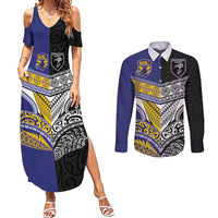 Custom Rugby Niue and Aotearoa Couples Matching Summer Maxi Dress and Long Sleeve Button Shirt Hiapo with Maori Moko Tribal Heritage Tattoos - Polynesian Pride