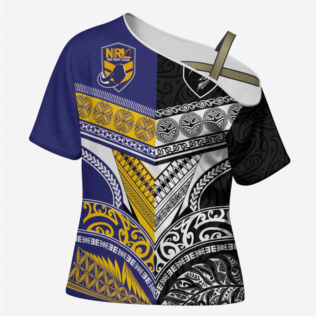 Custom Rugby Niue and Aotearoa Cross Shoulder Shirt Hiapo with Maori Moko Tribal Heritage Tattoos - Polynesian Pride