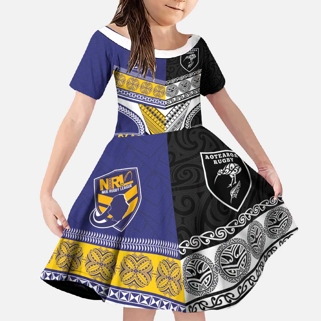 Custom Rugby Niue and Aotearoa Family Matching Long Sleeve Bodycon Dress and Hawaiian Shirt Hiapo with Maori Moko Tribal Heritage Tattoos - Polynesian Pride