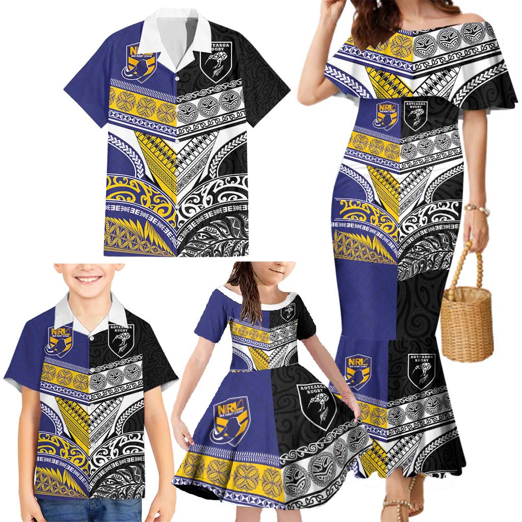 Custom Rugby Niue and Aotearoa Family Matching Mermaid Dress and Hawaiian Shirt Hiapo with Maori Moko Tribal Heritage Tattoos - Polynesian Pride
