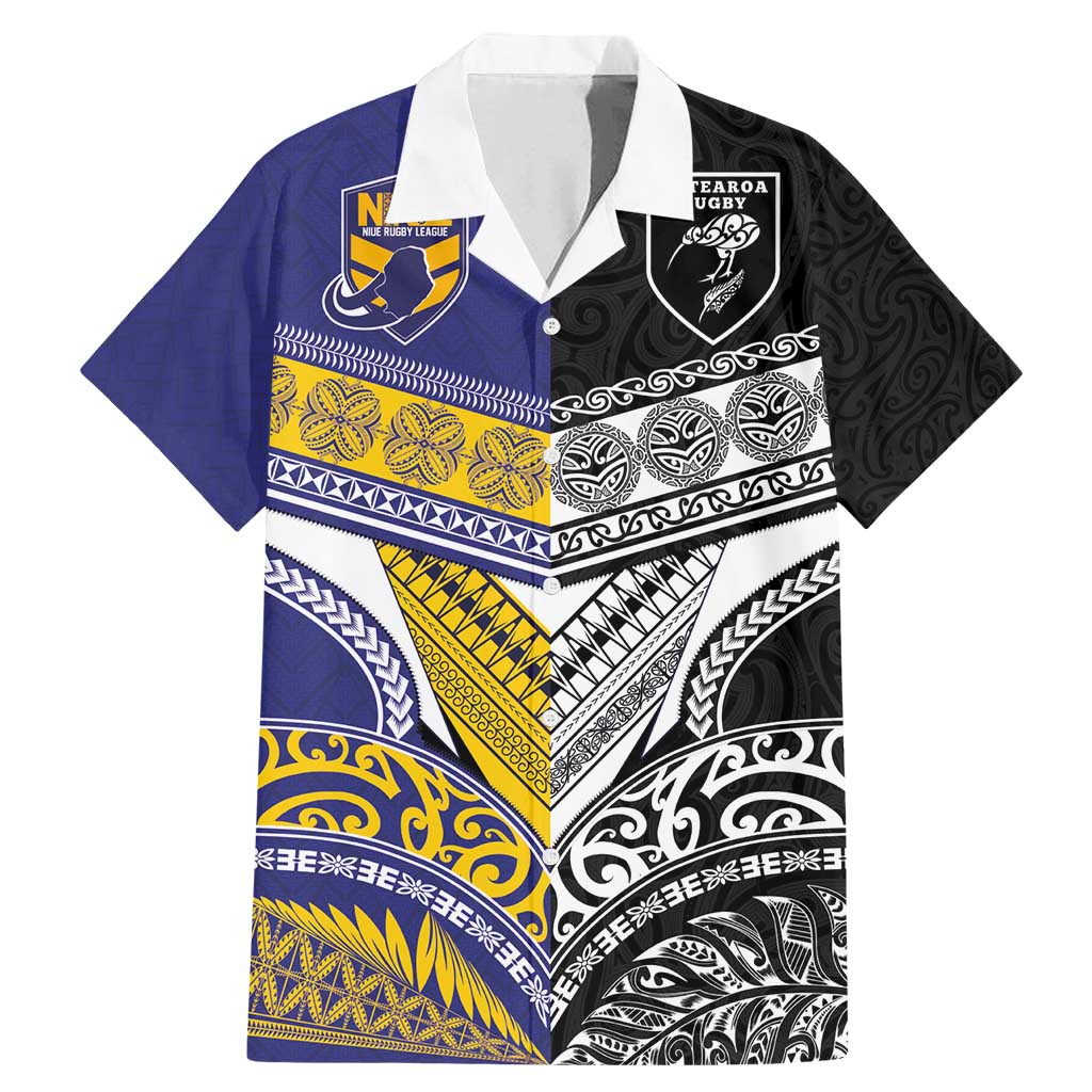 Custom Rugby Niue and Aotearoa Family Matching Mermaid Dress and Hawaiian Shirt Hiapo with Maori Moko Tribal Heritage Tattoos - Polynesian Pride